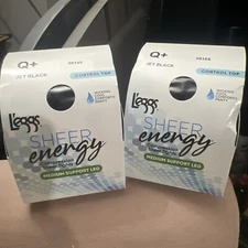 L’eggs Sheer Energy Control Top Sheer Toe Pantyhose Q+ Jet Black Extra Large 2Pk