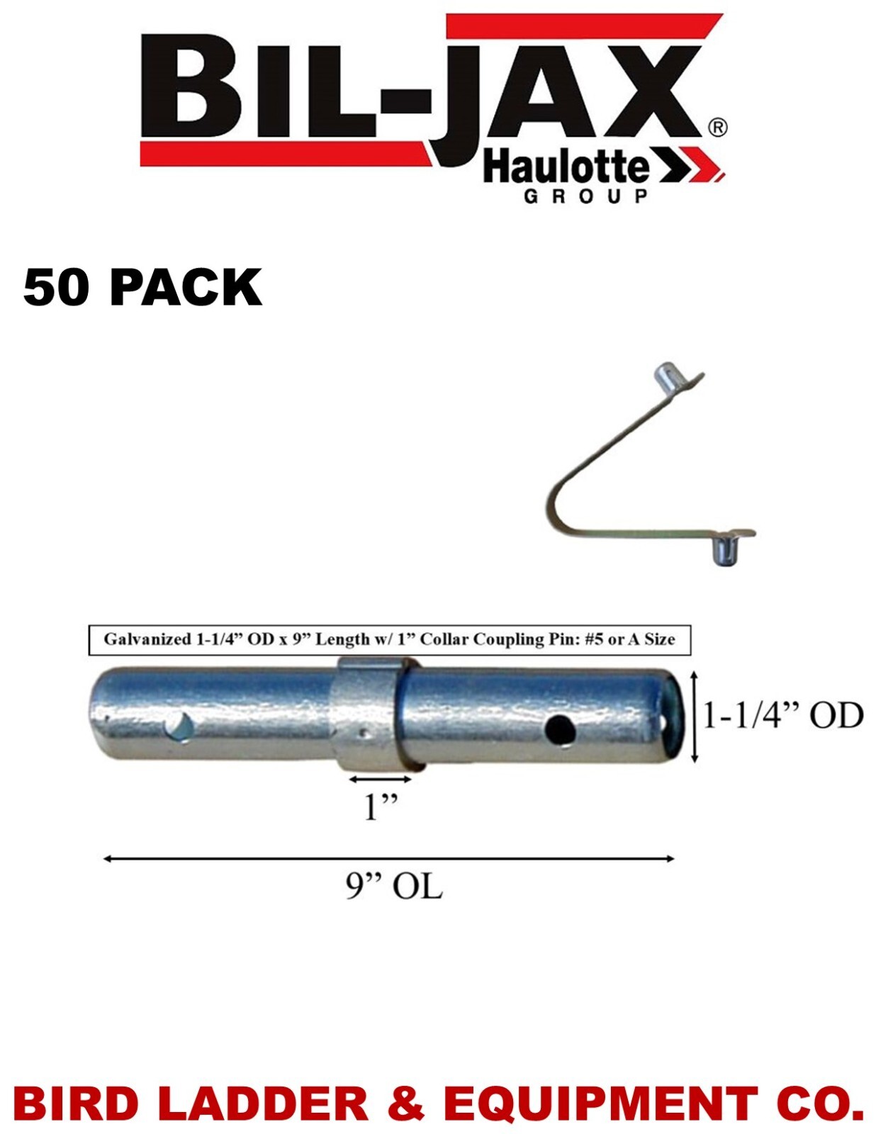 (50 Pack) Bil-Jax Scaffolding Coupling Pin 1-1/4"OD x 9"L & Spring Rivet
