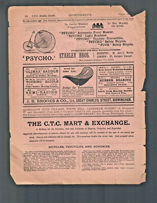1886 Pyscho Bicycle Ad Roadster Tandem Stanley Bros. Brooks Saddle antique rare