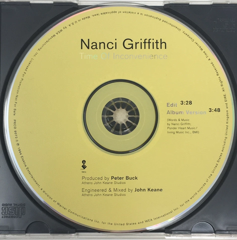 NANCI GRIFFITH “Time Of Inconvenience” Promo CD Single Nanci Griffith Estate - Image 4 of 4