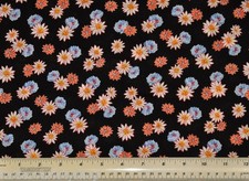 1/4 yard cotton quilt fabric Orange Blue White Floral on Black flowers apparel