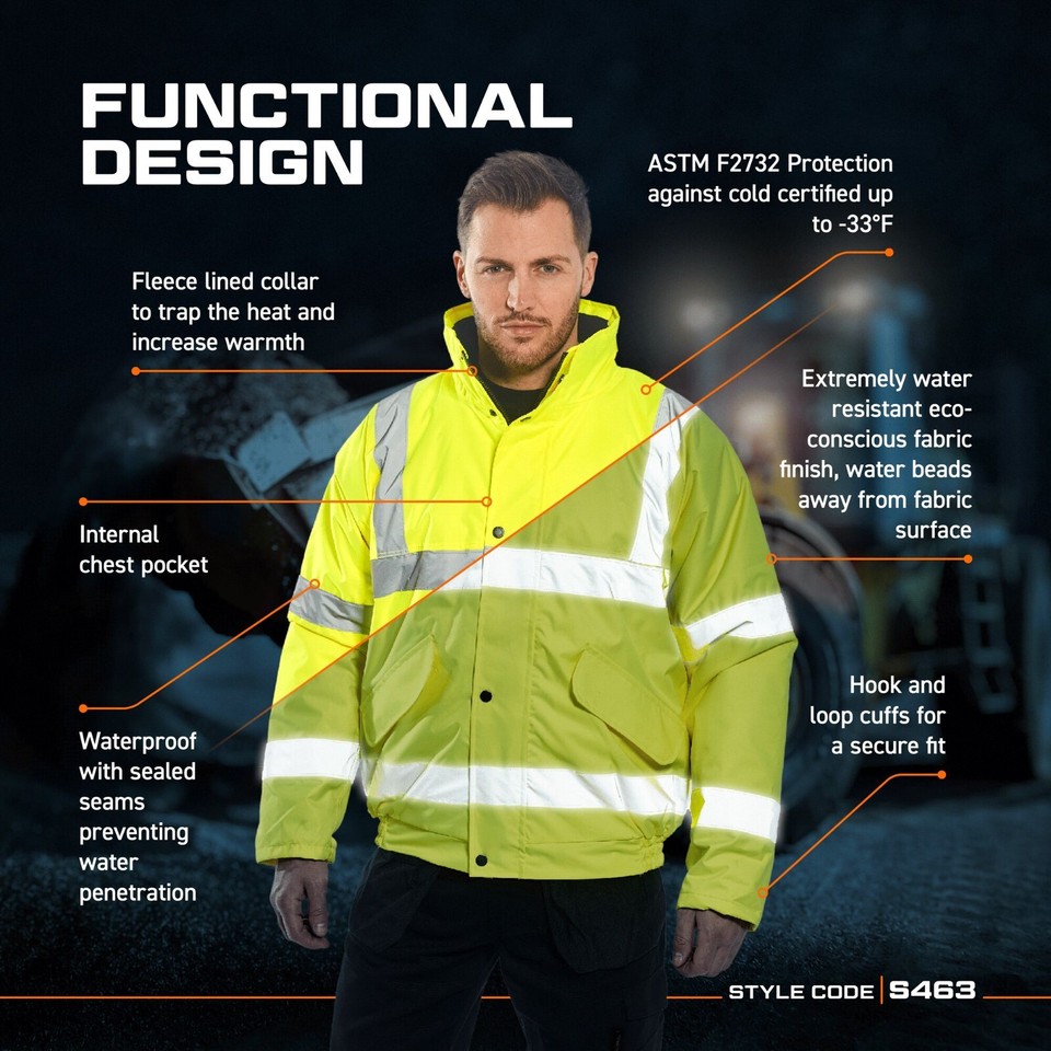 Men Hi Vis Viz Bomber Jacket High Visibility Waterproof Workwear Padded Quilted | UK - View #5