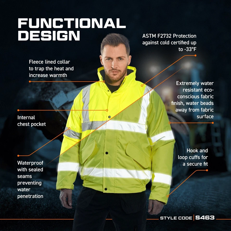 Portwest US463 Mens Waterproof Hi Vis Bomber Jacket Winter Safety Reflective - Image 3 of 4