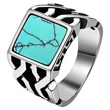 Mens 14MM Width Square Turquoise Stone Stainless Steel Ring Biker Band Size 7-13