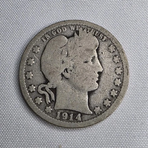 1914 Barber Quarter 25C Silver Coin Circulated US 0.9 Fineness