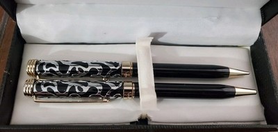 Vintage Pierre Cardin Black Lacquer & Chrome Filigree Pen and Pencil Set w/Case