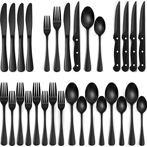 EWFEN 24pc Silverware Set with Steak Knives Stainless Steel Black Set