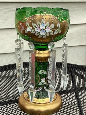 Antique Green And Gold Bohemian Glass Lusters with Hanging Crystal Prisms