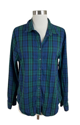 Rochelle Behrens XL Navy Green Blackwatch Plaid Shirt Classic Preppy