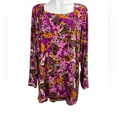 LOGO Lori Goldstein Rayon 230 Square Neck Printed Top Pink Blossom Size XL NEW