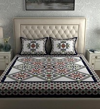 BOHOBAZARINDIA Jaipuri Sanganeri Cotton Bedsheet Set Blue Geometric Print 144 TC