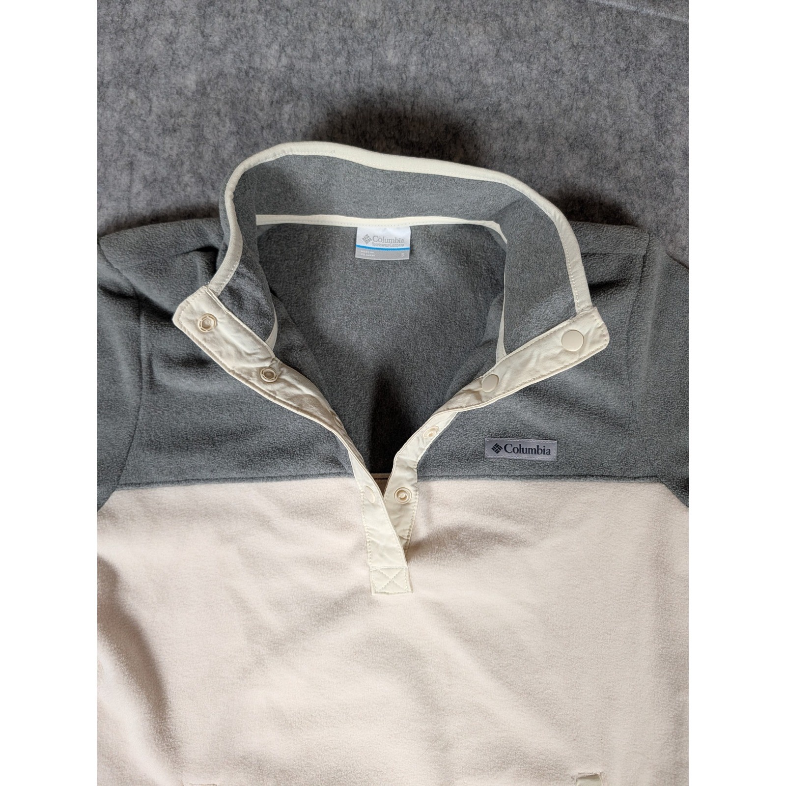 Columbia Women Fleece Pullover Snap Neck Colorblock Gray Cream Pockets Size S thumbnail 6