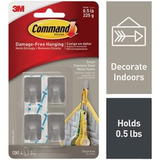 Command Small Stainless Steel Metal Hooks, 4 Hooks, 5 Strips 17031SS-4ES Command