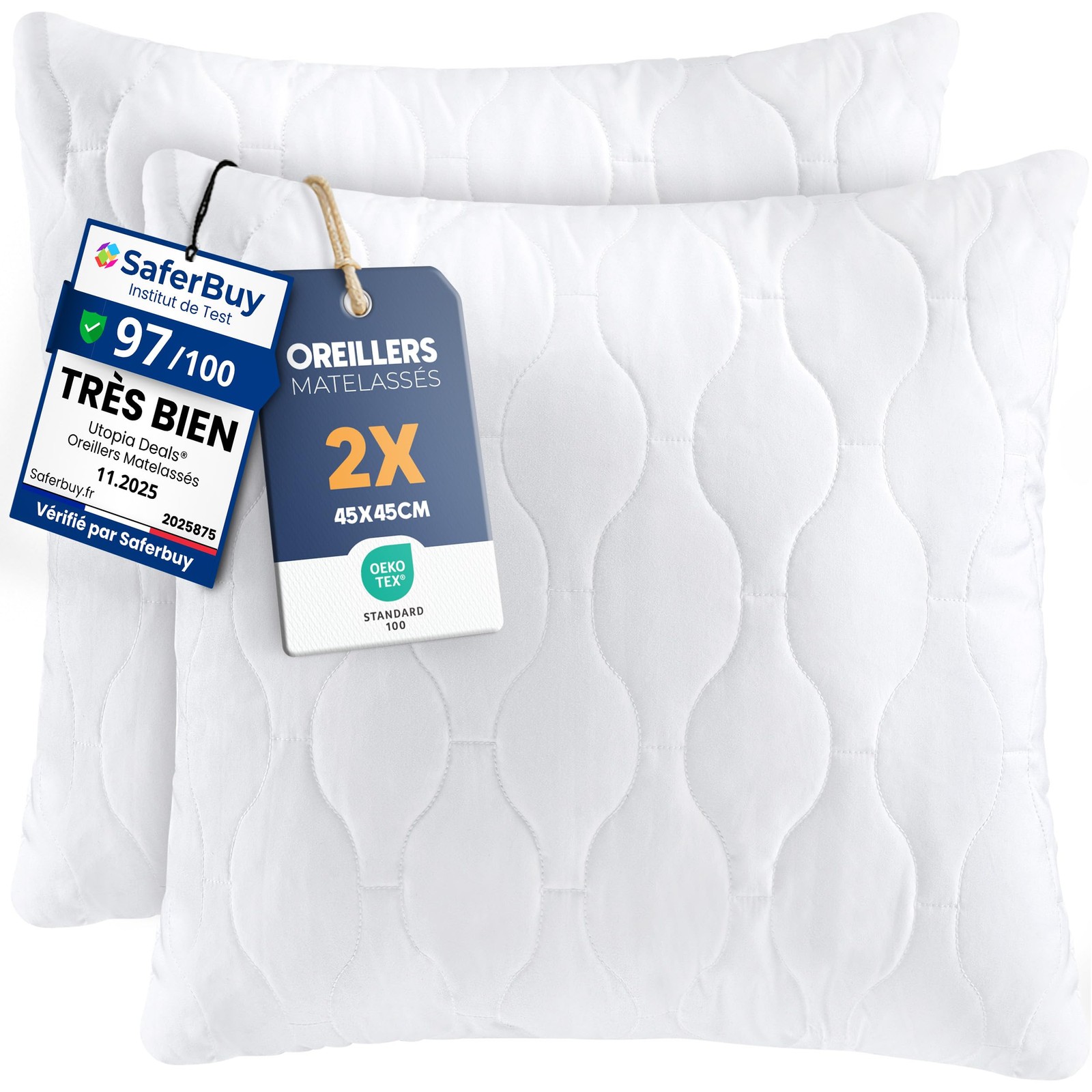 Oreillers matelassés 45x45 cm lot de 2 pour lit et canapé en microfibre blanche