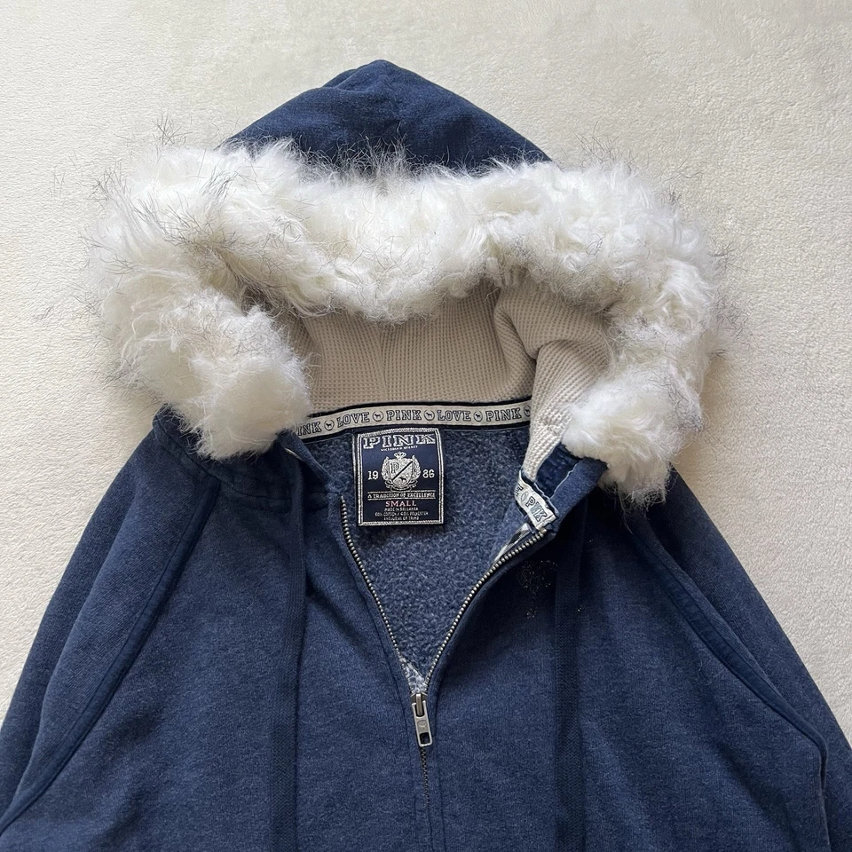 Women’s y2k McBling Blue & White Fur Trim Heart VS Pink Hoodie Size S - Image 2 of 4