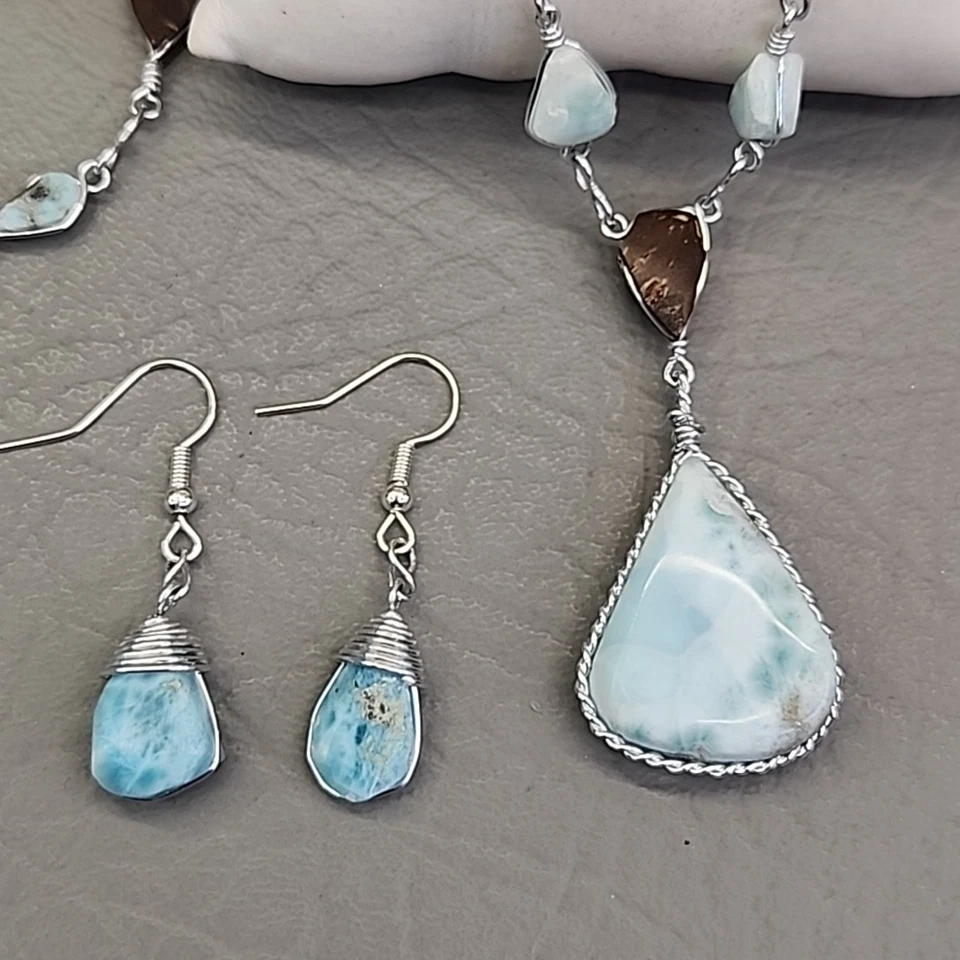 Larimar 项链穿孔耳环套装蓝色泪珠阿根廷银色手工制作 18 — 第 3/4 张图片