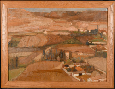 Eine ausgedehnte französische Landschaft - Öl auf Karton - undeutlich signiert - gerahmt 