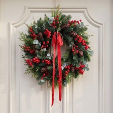 Artificial Christmas Wreath Front Door Red Berries Pinecones Ribbon Decor