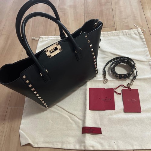 VALENTINO Garavani Studs 2Way Shoulder Handbag Black Leather