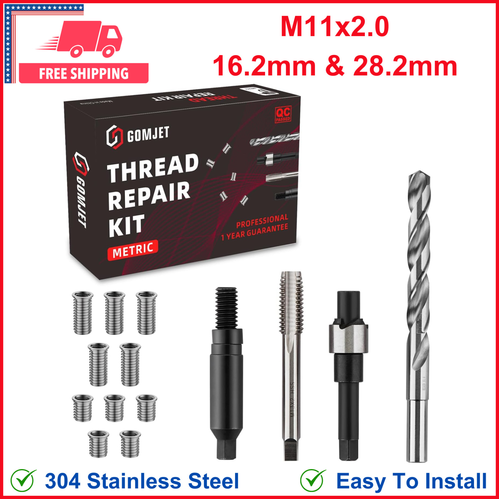 M11X2.0 Metric Thread Repair Kit w Stainless Steel Insert M11x2.0x16.2mm&28.2mm