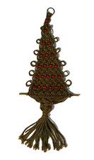 Vintage 70s Green Macrame Christmas Tree Wall Hanging Red Beads Handmade