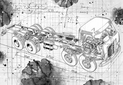 Line Tech Zeichnung Seddon DD8 Chassis Traktor Anhänger Cutaway Kunst Poster Druck
