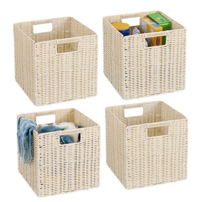 10.5 x 10.5 in Plastic Wicker Baskets for Cube Storage, Collapsible Square Wi...