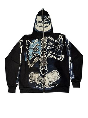 Travis Scott Cactus Jack For Fragment Skeleton Graffiti Full Zip Up Hoodie Black