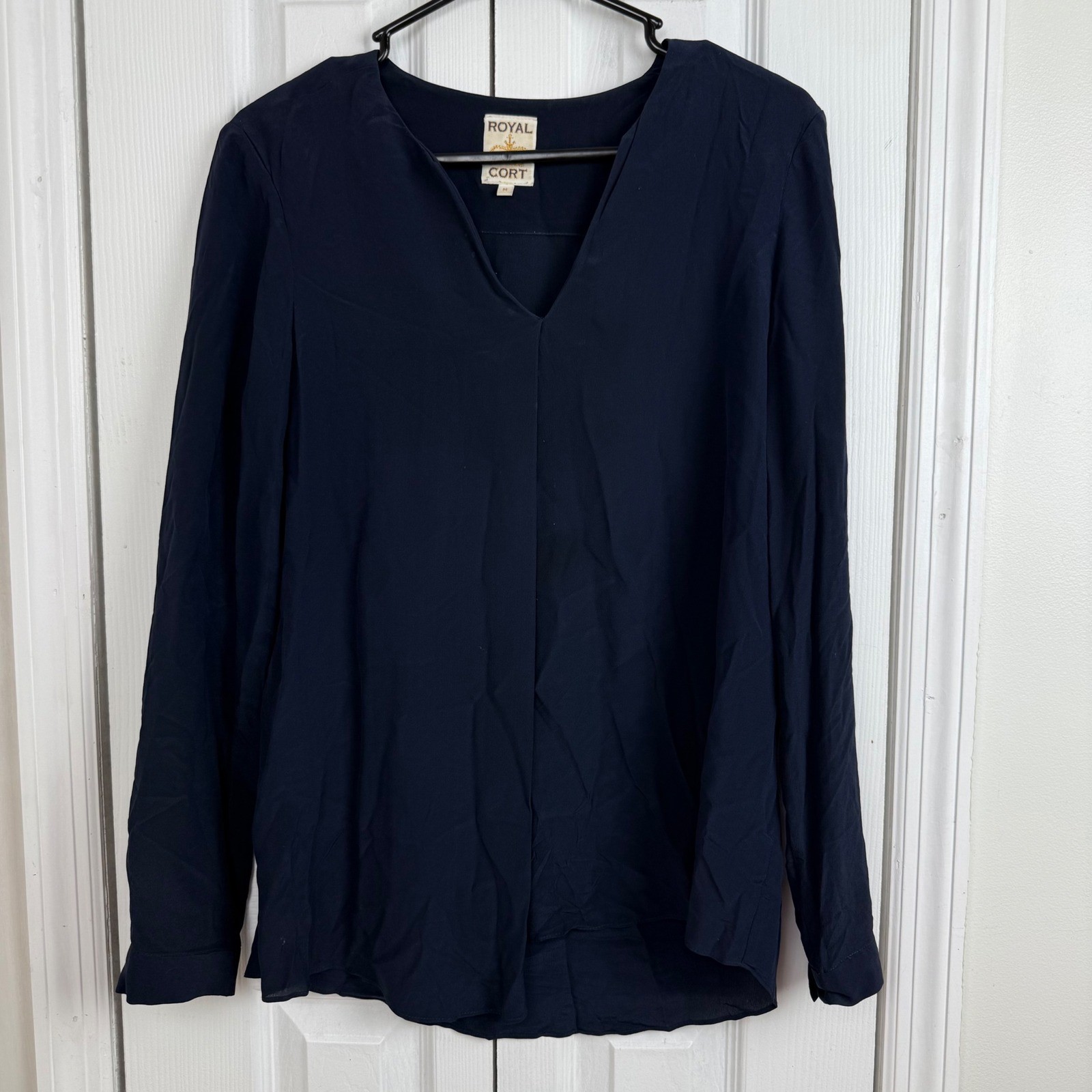 Royal Cort Navy Blue 100% Silk Long Sleeve Split V-Neck Blouse Size M