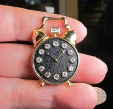 Gorgeous vintage small brooch pin double bell alarm clock glass rhinestones