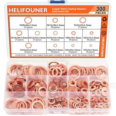 Copper Washer Assortment Set HELIFOUNER 300 Pieces 12 Sizes Copper Metric Sea...