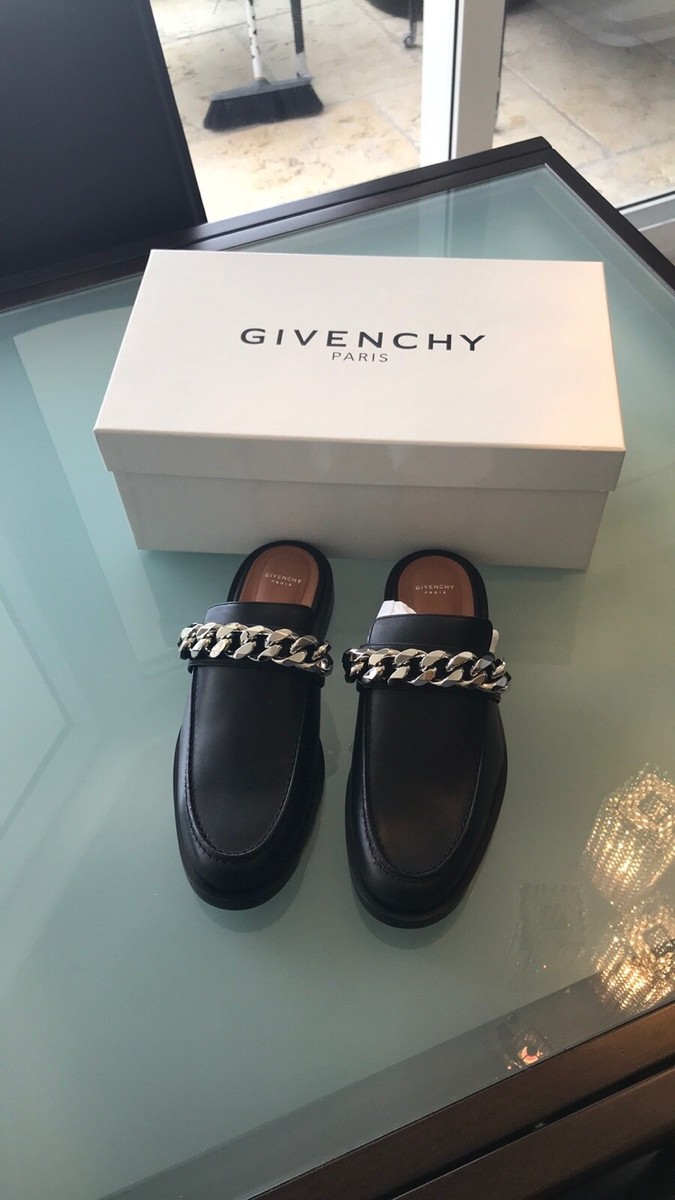 Givenchy Black Leather Silver Toned Chain Mules Flat Shoe