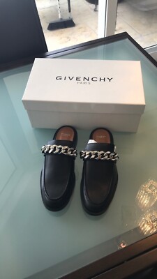 Givenchy Black Leather Silver Toned Chain Mules Flat Shoe