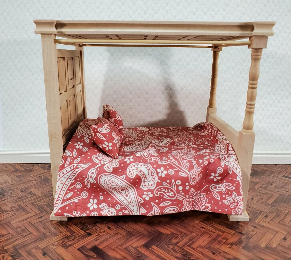Cama para casa de muñecas 4 carteles toldo estilo Tudor madera sin pintar miniatura escala 1:12 Foto 2 de 4