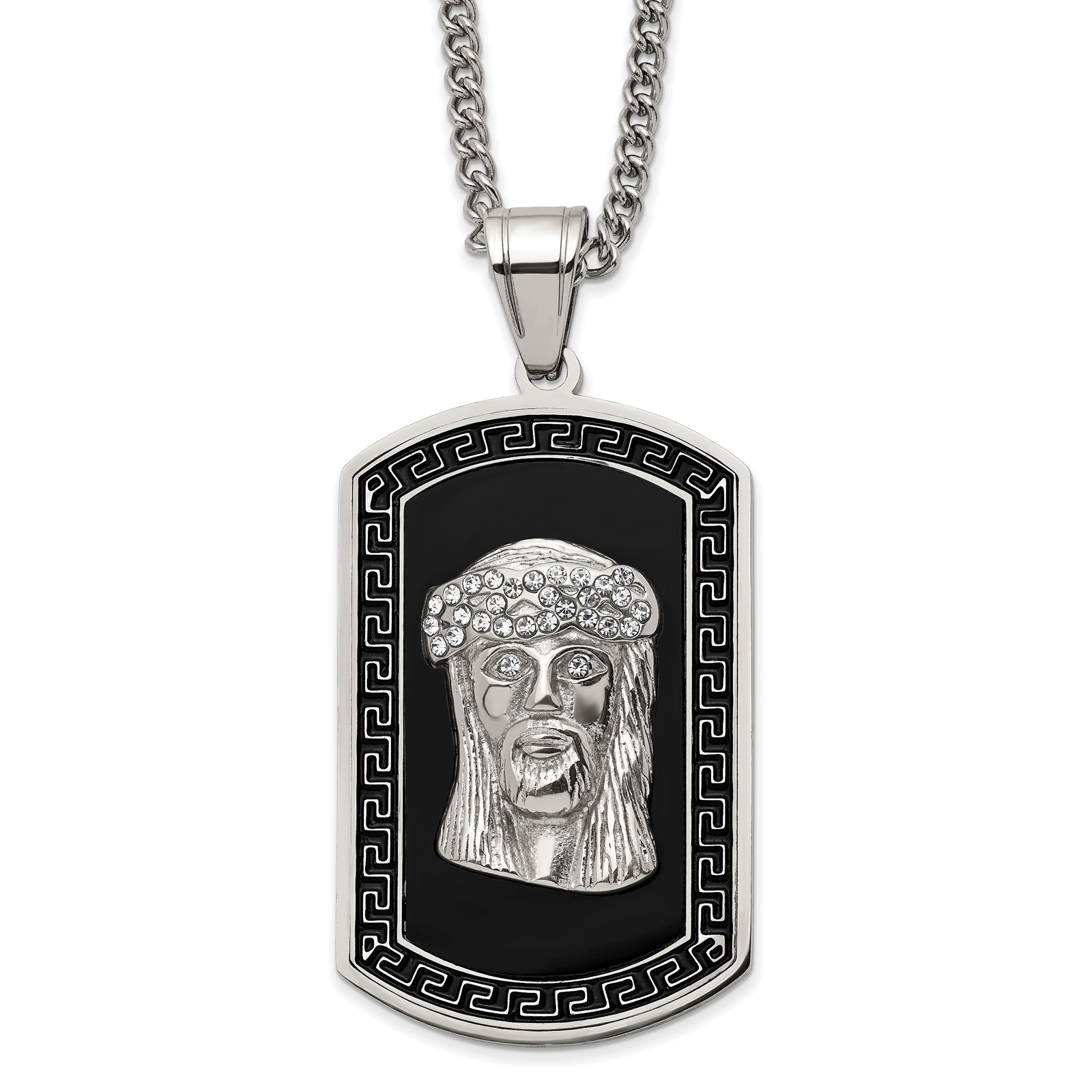 Chisel Stainless Steel EnameledCrystal Jesus Dog Tag Curb Chain Necklace - 24