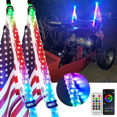 2X 4ft RGB Spiral LED Whip Light Antenna Chasing w/ Flag For Polaris RZR 1000XP