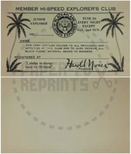 HI-SPEED EXPLORER'S CLUB MEMBERSHIP CARD - VINTAGE REPRINT