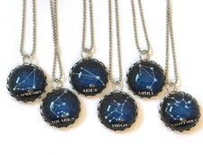  1 Zodiac Signs Astrology Star Constellations Silver Glass Cabochon Necklace