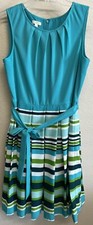 TALBOTS  Pleated Striped Fit & Flare Dress Size 10 Petite in Teal Green