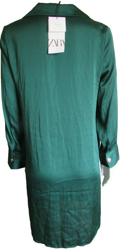 ZARA Green Satin Gold Button-Up Front Long Sleeve Dress Robe SZ S NWT - Picture 3 of 8