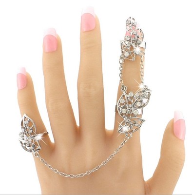 2Pcs Silver Rhinestone Leaf Feather Slave Chain Flexible Rings Joint Fingers AK