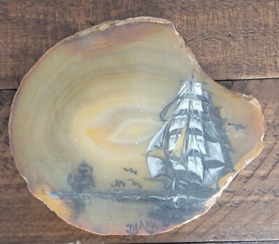 Hand Painted Agate Slice Nautical Theme Tall Ship Signed By Artist 41/2'' X 4''