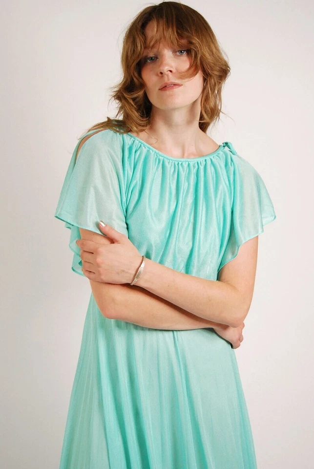 70s Aquamarine Dress (XS) vintage layered empire waist flowy maxi party bias cut - Image 4 of 4