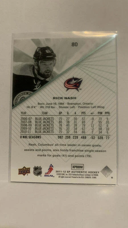 #80 Rick Nash Columbus Blue Jackets 2011-12 SP Authentic Hockey Card - Image 2 of 2