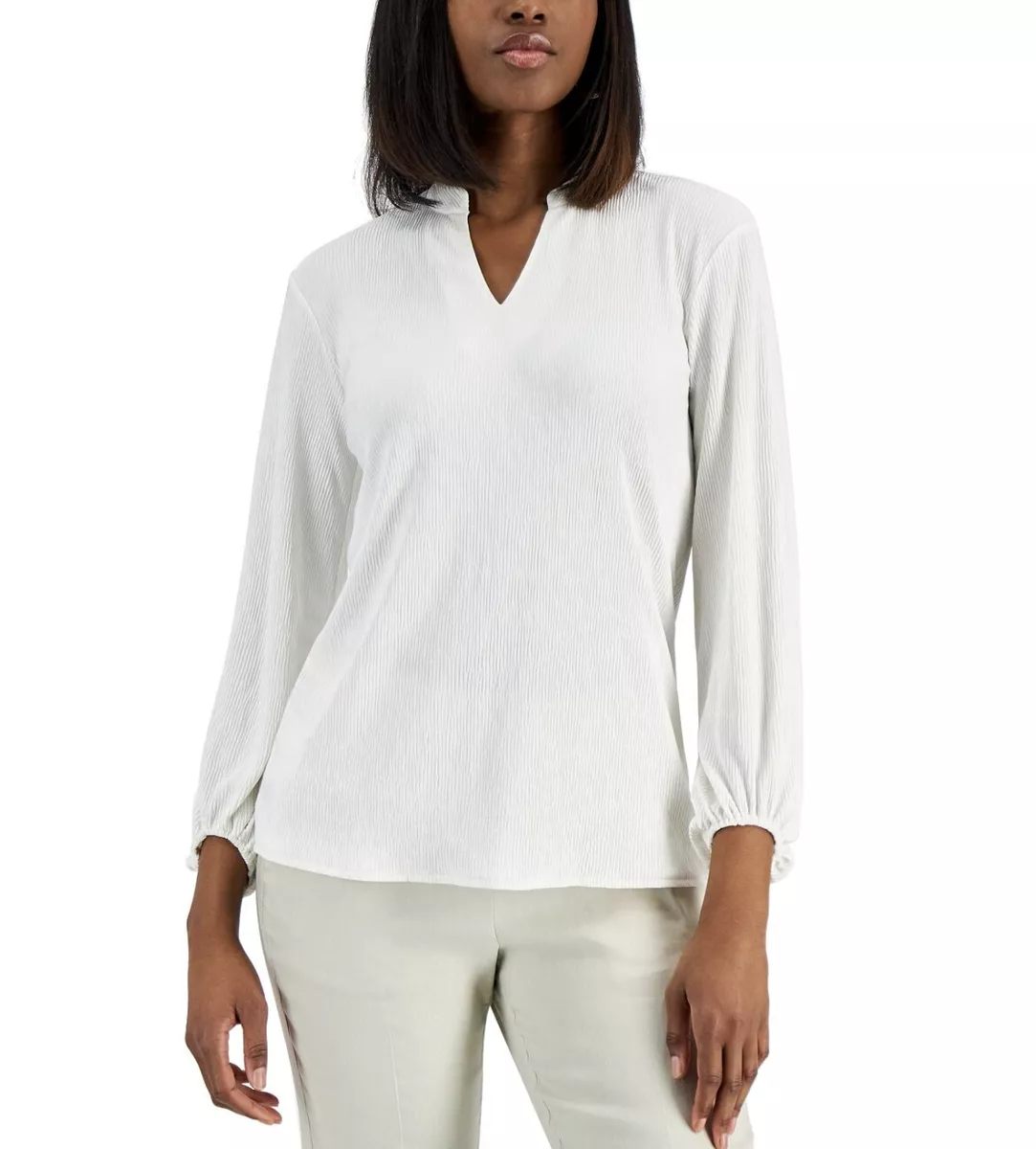 Alfani Women's V-Neck Balloon-Sleeve Tunic Blouse Calla Lily White Size M