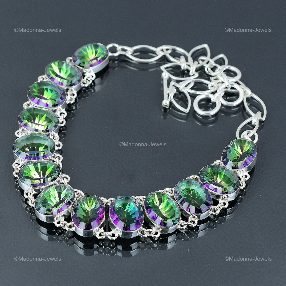Valentines Sale 925 Sterling Silver Rainbow Mystic Topaz Stone Chain Necklace - Image 4 of 4