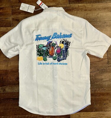 NWT TOMMY BAHAMA EMBROIDERED CAMP SHIRT LIFE IS FULL OF HARD CHOICES SZ XS!