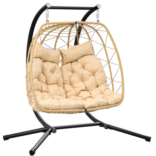 Suavir 2 Person Egg Chair Wicker Chair Hammock Swing Chair Stand+Cushion Outdoor