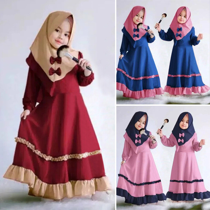 Niños Niñas Abaya Kaftan Musulmán Hiyab Oración Árabe Disfraz Largo Maxi Vestido Conjunto Nuevo