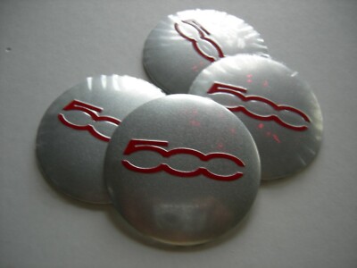  500 WHEEL CENTER CAP EMBLEMS  ALUMINUM STICKERS DECAL 2 3/16'' SILVER/RED